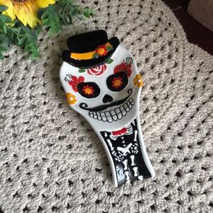 Sugar Skull Ceramic Spoon Rest - White, Black & Red